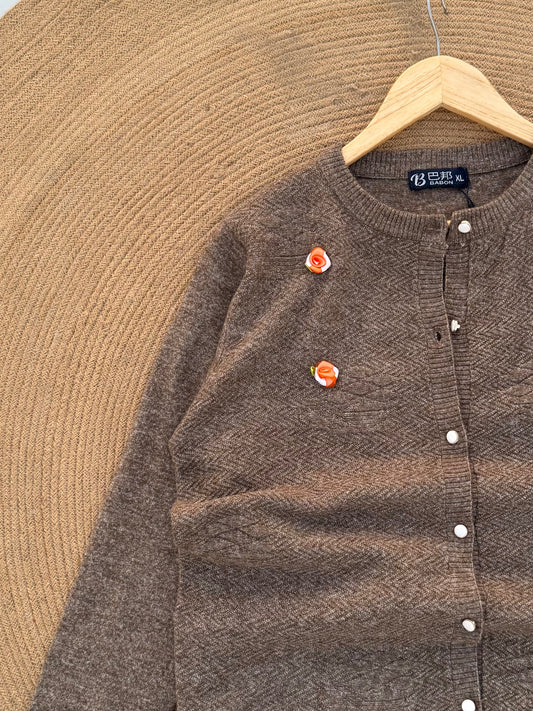 Knitted Cardigan- Light Coffee Orange Floral