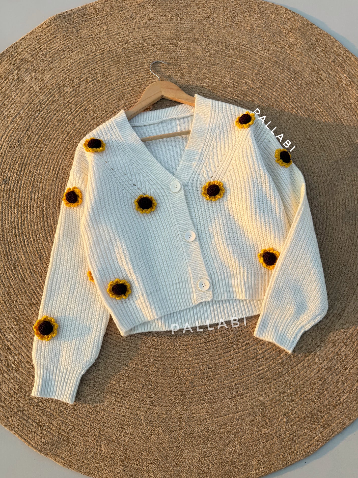 Handcrafted Flower Cardigan-Off-white Sunflower