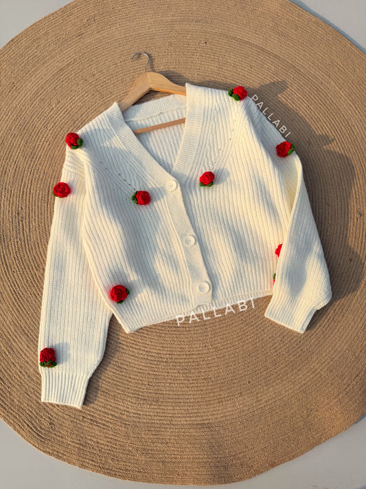 Handcrafted Flower Cardigan-Off-white With Red