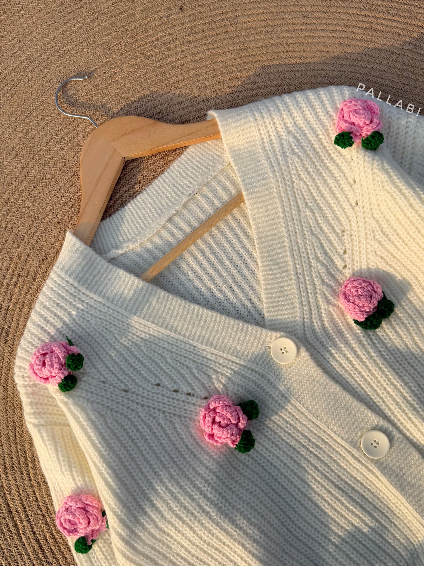 Handcrafted Flower Cardigan-Off-white With pink