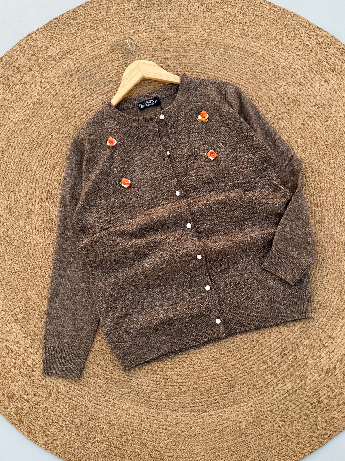 Knitted Cardigan- Light Coffee Orange Floral
