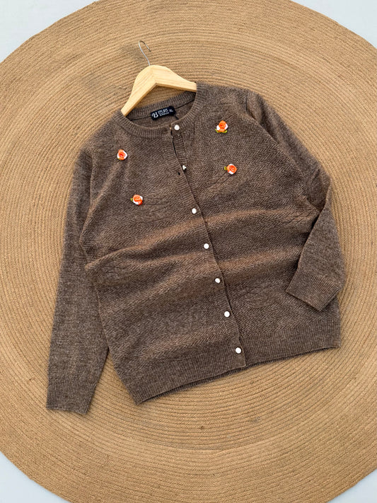 Knitted Cardigan- Light Coffee Orange Floral