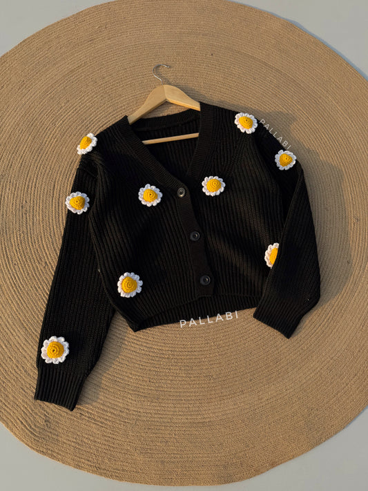 Handcrafted Flower Cardigan-Black Sunflower
