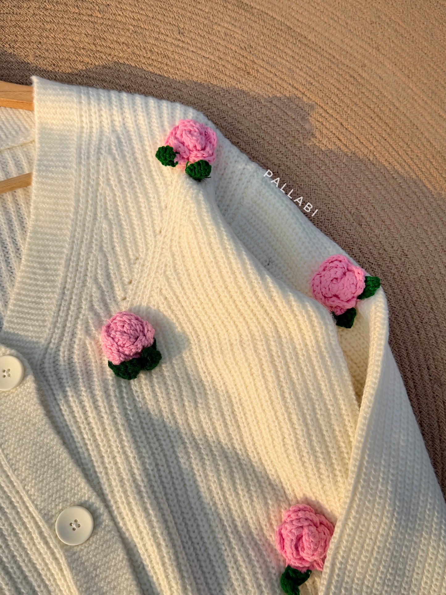 Handcrafted Flower Cardigan-Off-white With pink