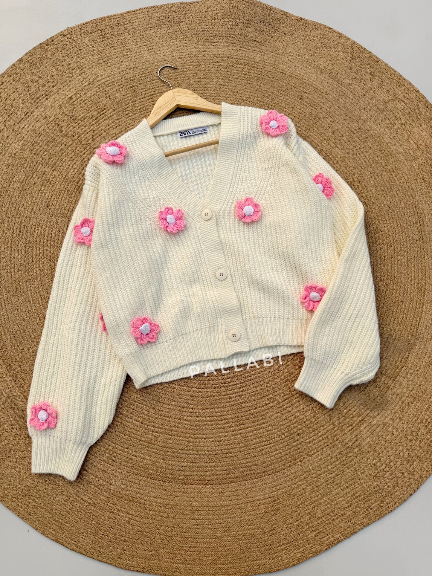 Handcrafted Flower Cardigan-Off-white With Pink Bloom