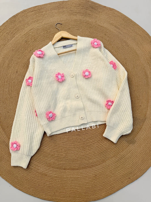 Handcrafted Flower Cardigan-Off-white With Pink Bloom