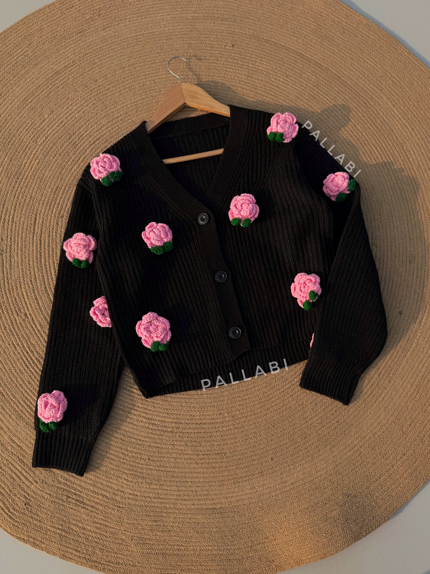 Handcrafted Flower Cardigan-Black With Pink
