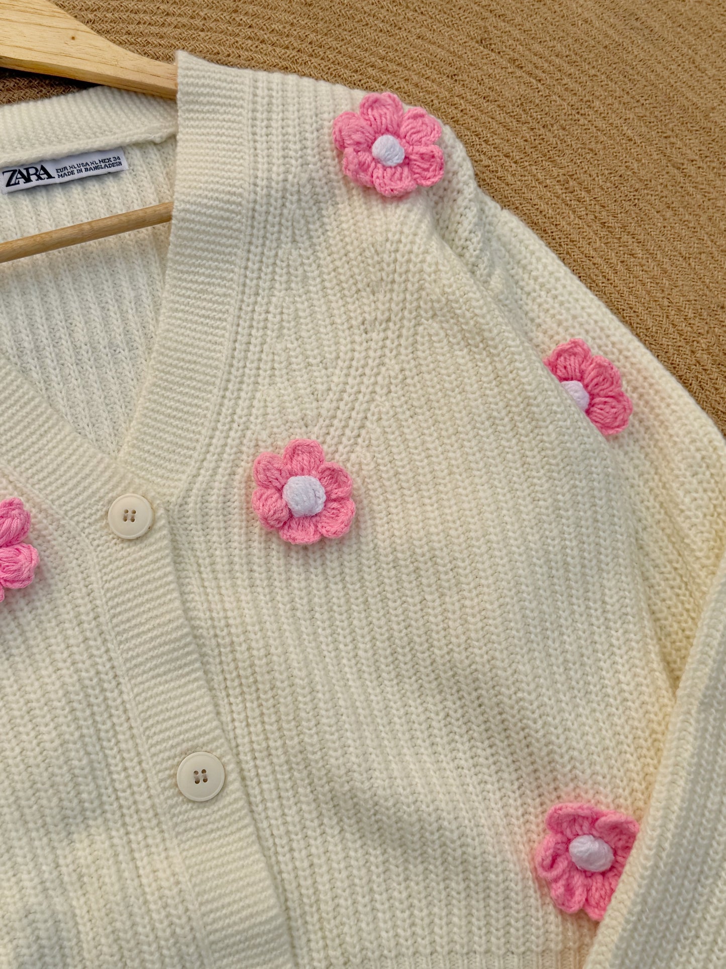 Handcrafted Flower Cardigan-Off-white With Pink Bloom