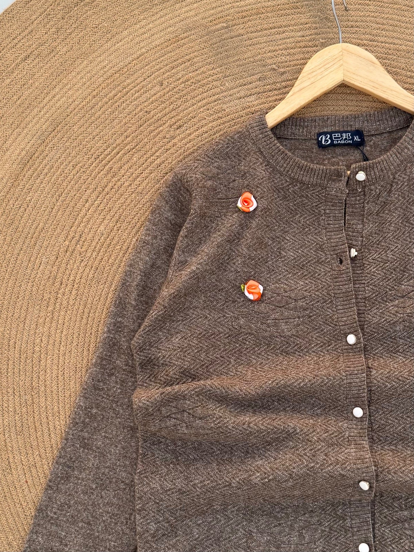 Knitted Cardigan- Light Coffee Orange Floral