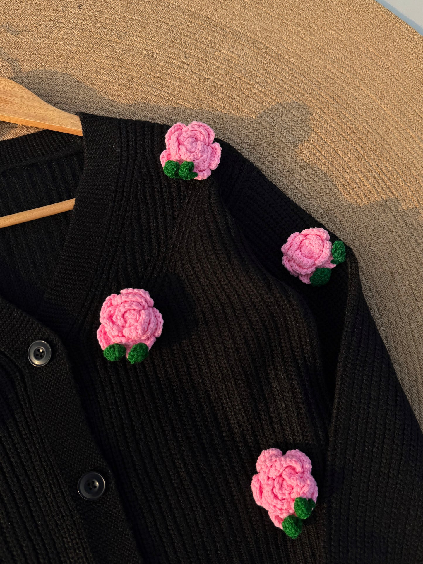Handcrafted Flower Cardigan-Black With Pink