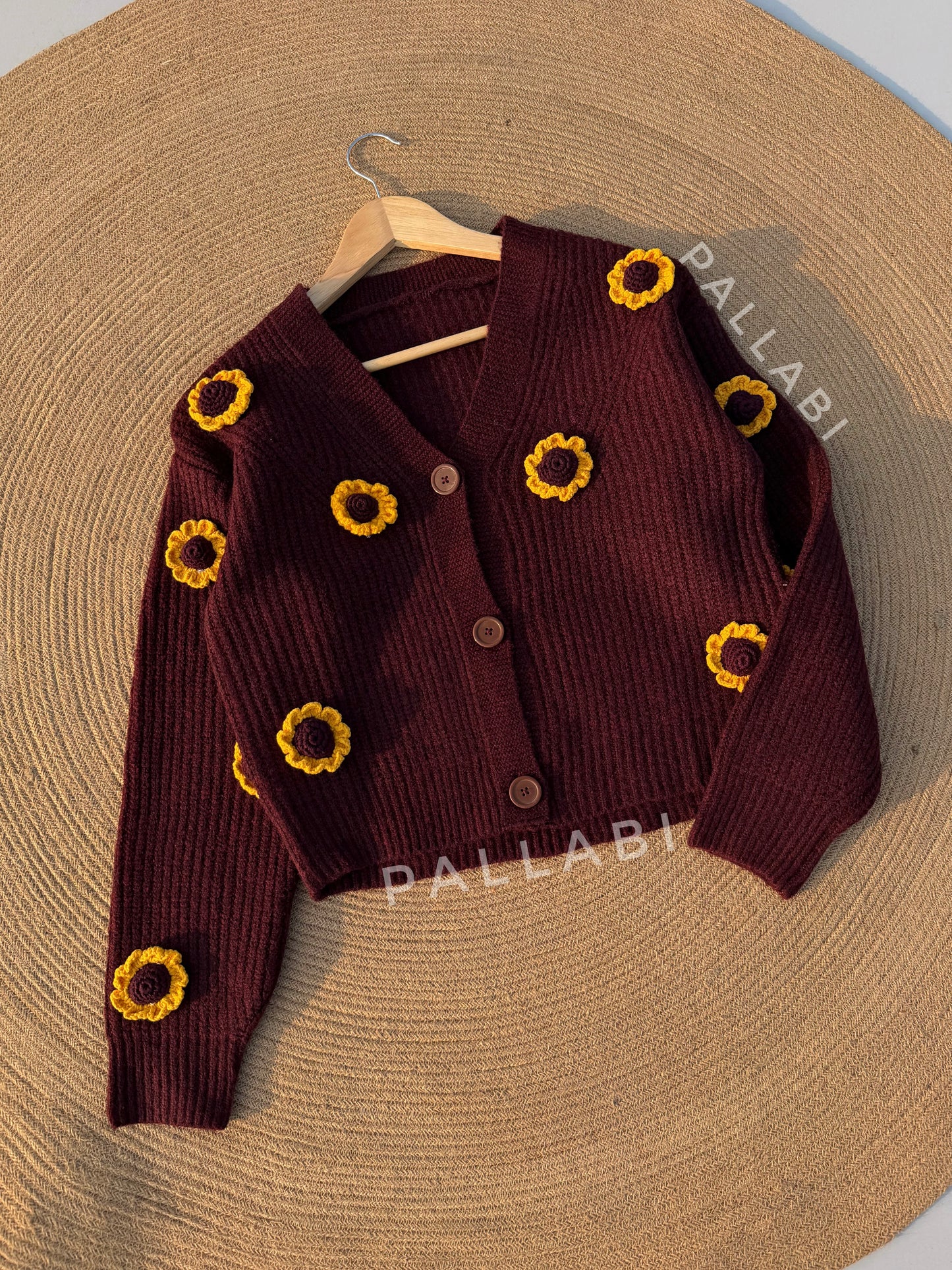 Handcrafted Flower Cardigan- Maroon Sunflower