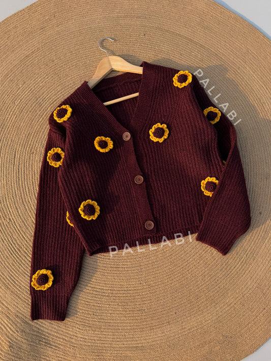 Handcrafted Flower Cardigan- Maroon Sunflower