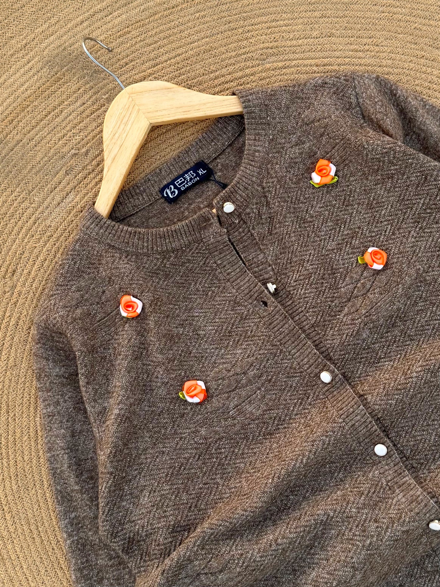 Knitted Cardigan- Light Coffee Orange Floral