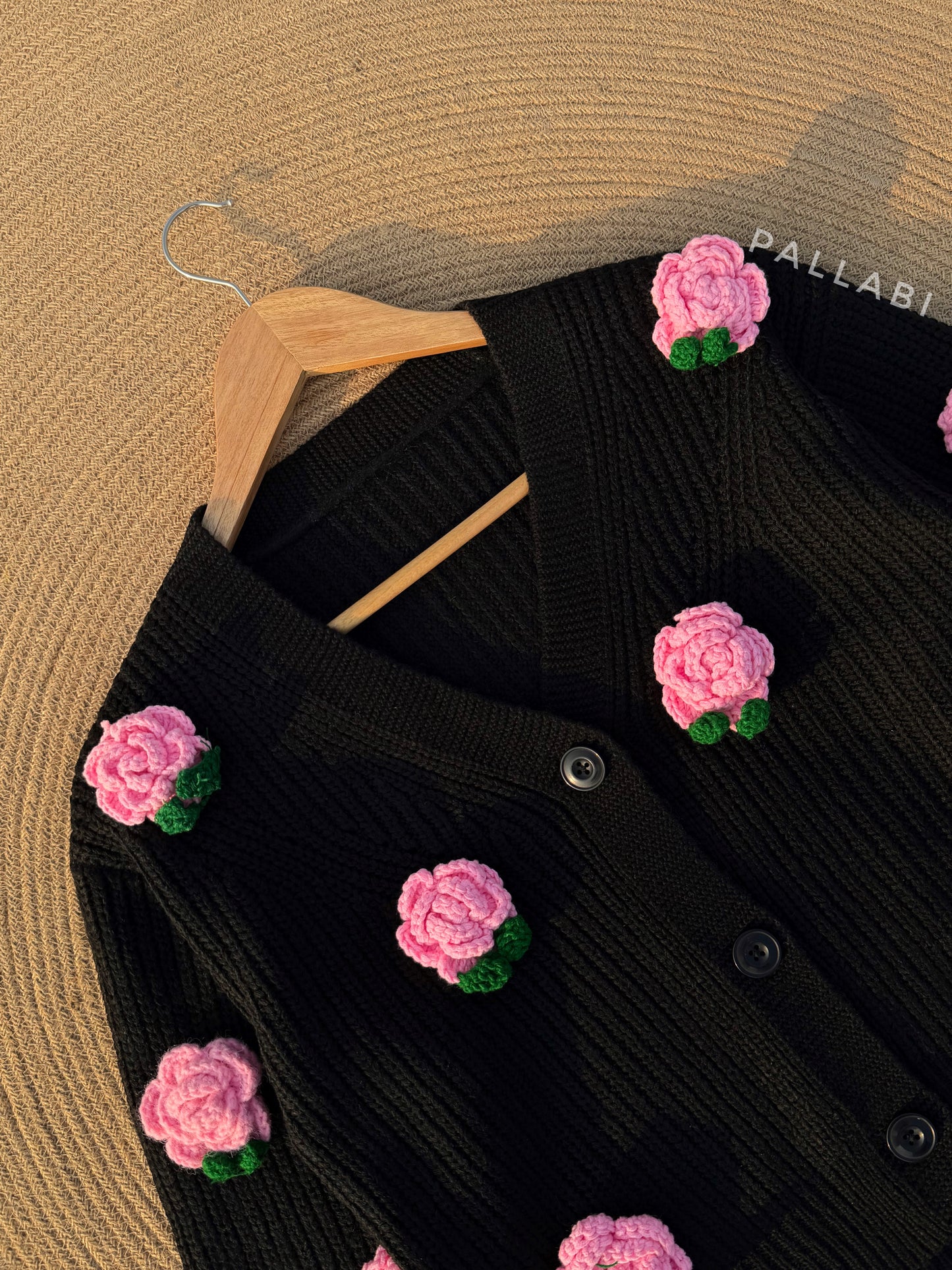 Handcrafted Flower Cardigan-Black With Pink