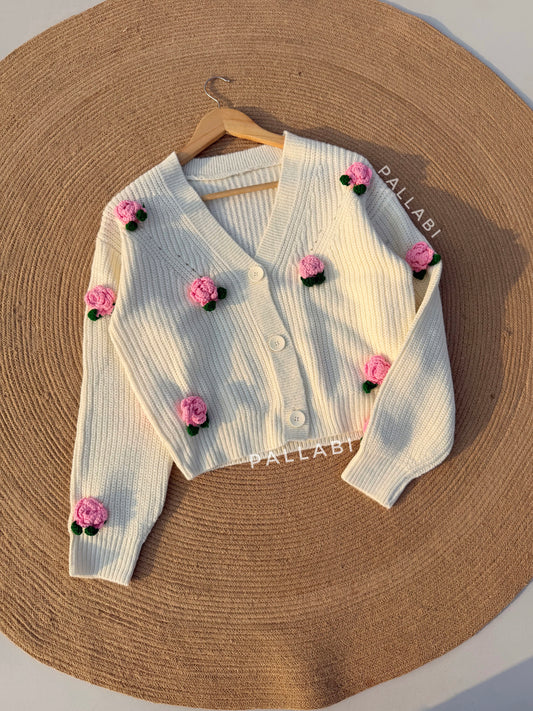 Handcrafted Flower Cardigan-Off-white With pink